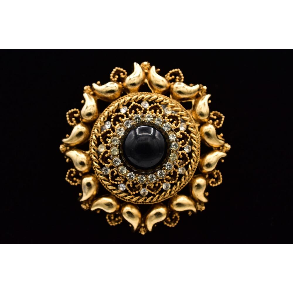Vintage Black Cabochon Round Pin Brooch Brushed Antiqued Gold Chunky 1980s BinBP